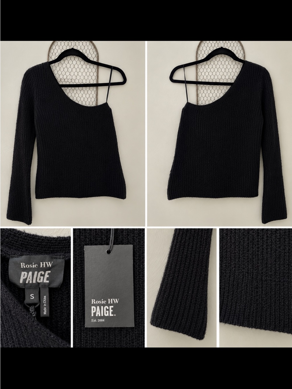PAIGE Black Asymmetrical Off-Shoulder Ribbed Sweater